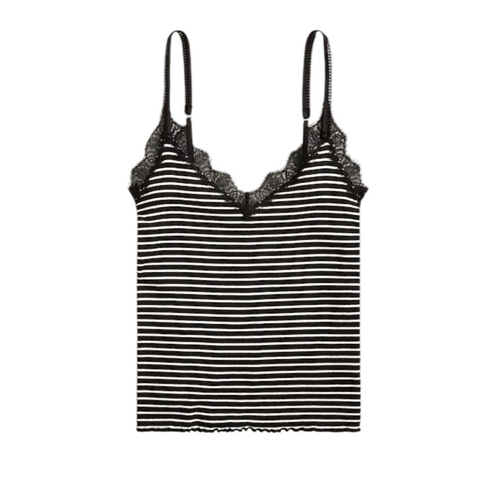 J.Crew Fine rib lace-trim tank top in mini sailor black stripe